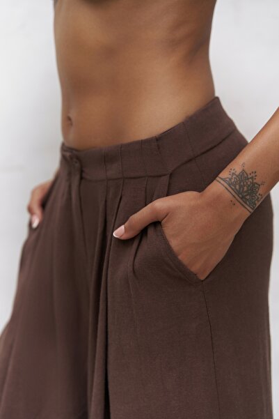 BOHEMAİ Mahoney Brown Linen Palazzo Trousers