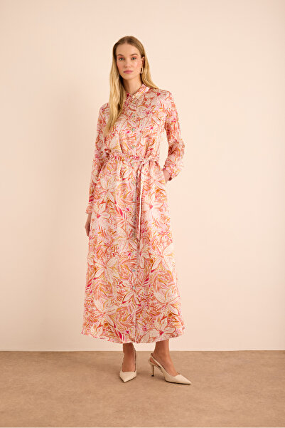 Aker Desenli Seyyar Kuşaklı İpek Gömlek Elbise