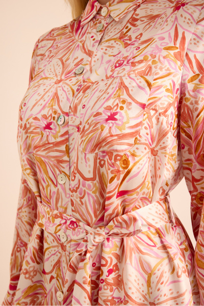 Aker Desenli Seyyar Kuşaklı İpek Gömlek Elbise