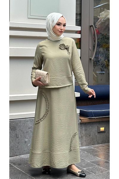 Nihle Ni̇hle 1030-05-25 Linen Fabric Flower Detail Skirt Suit Size 38-48