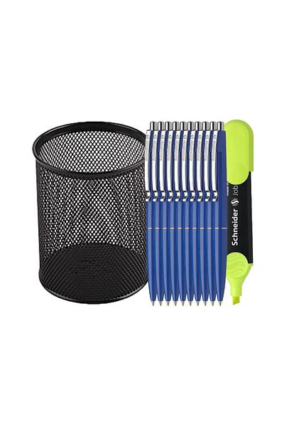 SCHNEIDER Premium Office Set-10 Schneider Pens - Blue, Black Cylindrical Met Holder and Highlighter