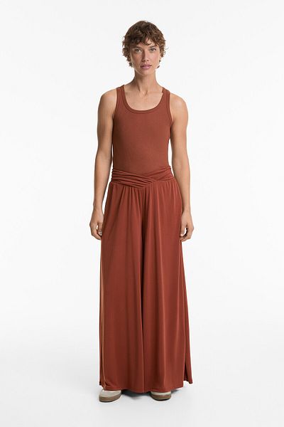 Oysho Extra Wide Floaty V-cut Waist Trousers With Modal