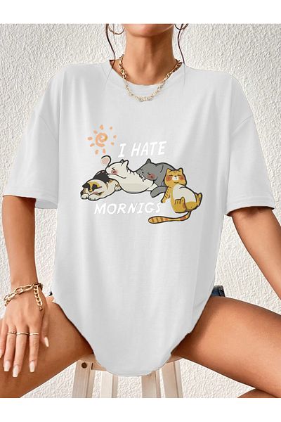 Modern Moda I Hate Mornings Cute Cats Printed Oversize T-shirt