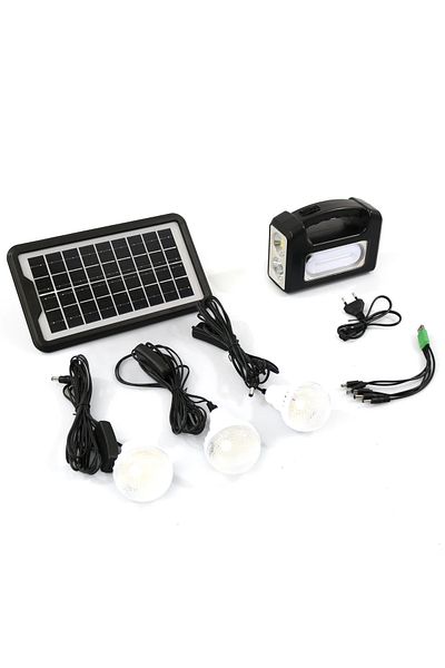 AE Solar Sistem de iluminare solară GDPLUS, 3 becuri LED, unitate principală/baterie cu lanternă, USB, cablu de încărcare