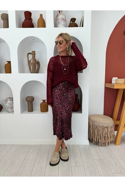 solena sln Women's Leopard Patterned Satin Midi Length Skirt - Burgundy and Gray - Slim Fit