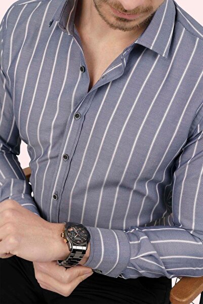 Etikmen Γκρι λευκό ριγέ Slimfit πουκάμισο με κουτί δώρου