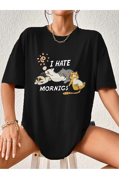 Modern Moda I Hate Mornings Cute Cats Printed Oversize T-shirt