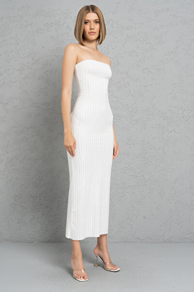 Kikiriki Off White Taşlı Straplez Maxi Elbise