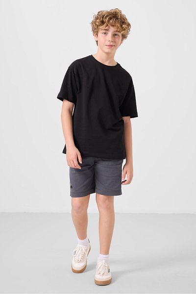 TOMMY LIFE Μαύρο-Γκρι βαμβακερό Oversize Fit Υφαντό ελαφρύ εύκαμπτο ανδρικό σορτς Chino - 11277