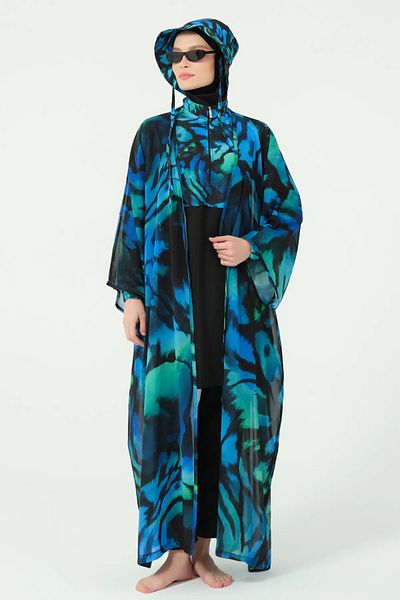 Bordomix 7164 Women's Black Blue Patterned Belted Long Pareo - Beach Dress