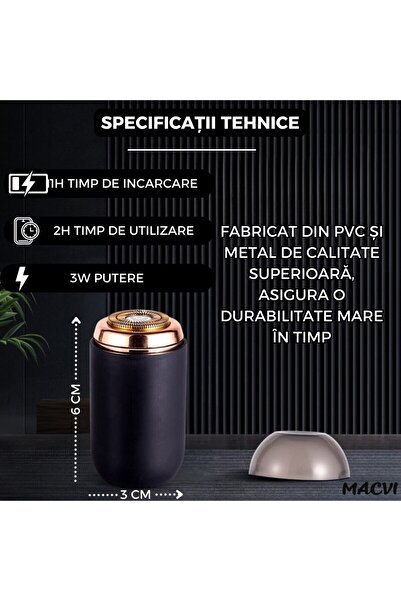 MACVI Mini aparat de ras portabil Macvi®, Depilare rapida si eficienta, USB, autonomie 60 minute, Negru