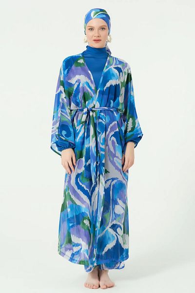 Bordomix 7114 Women's Persian Blue Patterned Long Pareo with Belt - Beach Dress