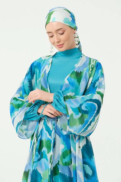 Bordomix 7114 Women's Ocean Blue Print Long Pareo with Belt - Beach Dress