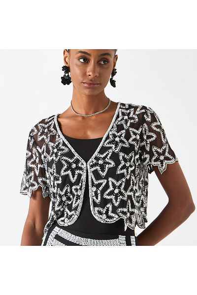 FAV Floral Embellished V-Neck Jacket with Short Sleeves