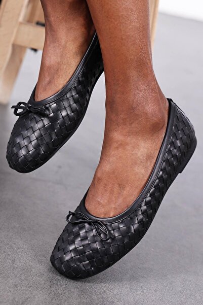 5in1Canpolat Black Flexible Leather Knitted Ballerinas 36617