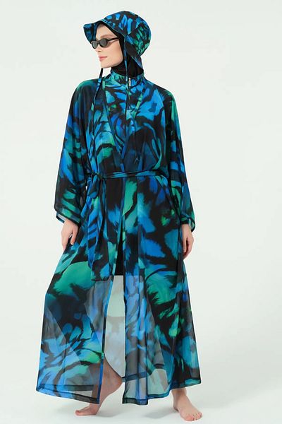 Bordomix 7164 Women's Black Blue Patterned Belted Long Pareo - Beach Dress