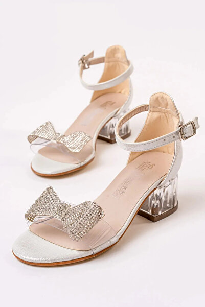 NeSe Shoes Girl's Transparent Bow Stone Detailed Heeled Shoes, Girl's Evening Dress Shoes