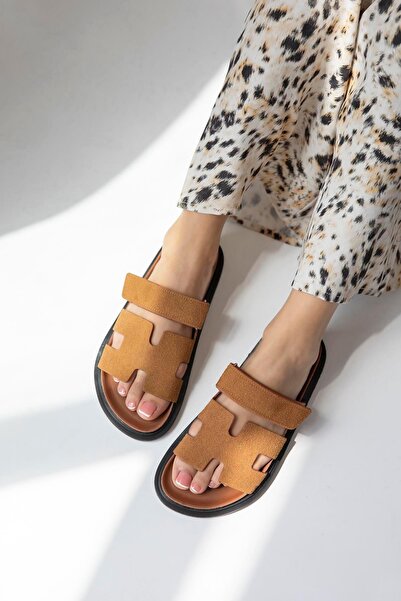 STRASWANS Γυναικείες σουέτ παντόφλες Palmeira - Velcro Strap, Tan Color