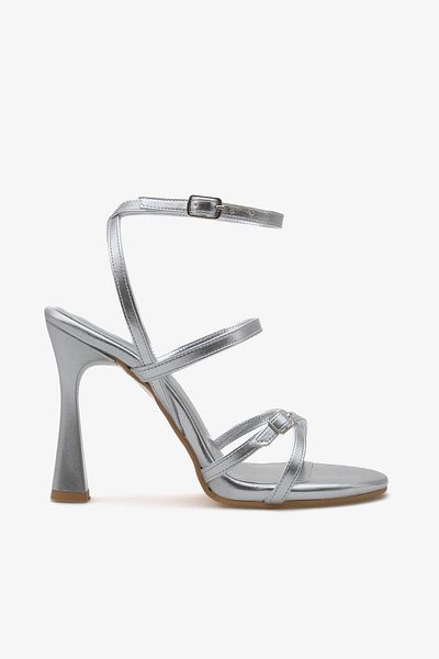 LOJO Women's Strappy Belt Buckle Heeled Shoes Yansey Silver