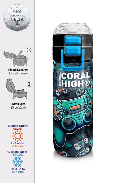 Coral High Kids Men's Patterned Straw and Direct Drinking Steel Thermos 500 ml