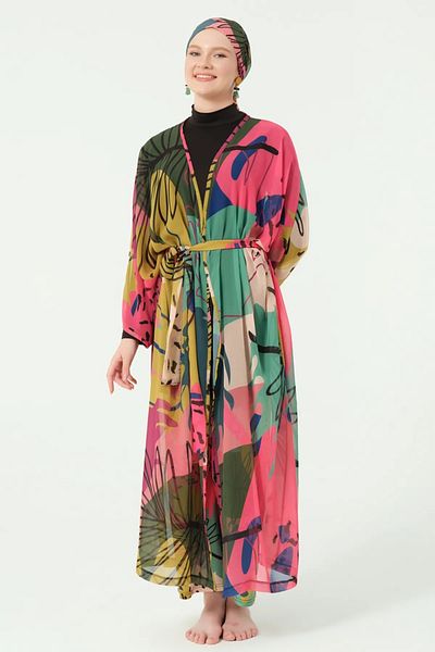 Bordomix 7142 Women's Black Colored Patterned Belted Long Pareo - Beach Dress