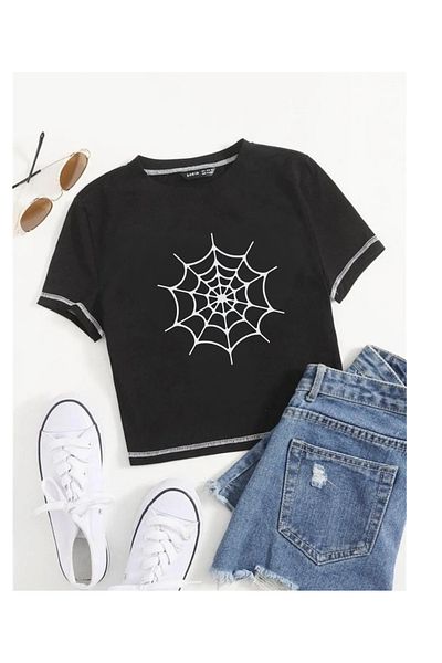 Touz Moda Gothic Spider Web Printed Backstitch Black Crop