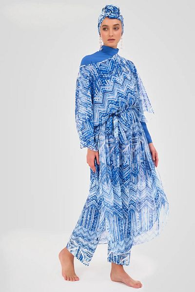 Bordomix 7054 Women's Blue Patterned Belted Long Pareo - Beach Dress