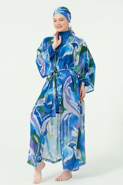 Bordomix 7114 Women's Persian Blue Patterned Long Pareo with Belt - Beach Dress