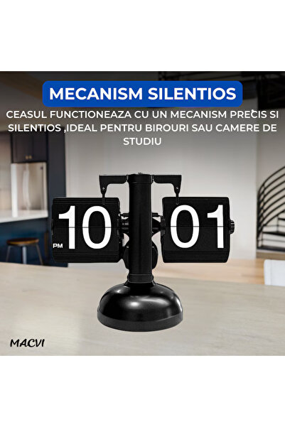 MACVI Macvi® retro flip clock, large numbers, stainless steel, battery operated, black, vintage, metal stand