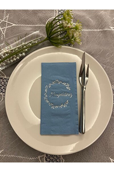 kidspartim Gümüş Yaldızlı Mavi Hoşgeldiniz Garson Peçete 16 Adet