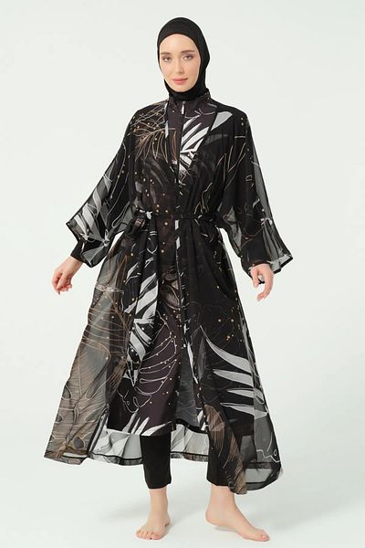 Bordomix 7140 Women's Black Gold Detailed Belted Long Pareo - Beach Dress