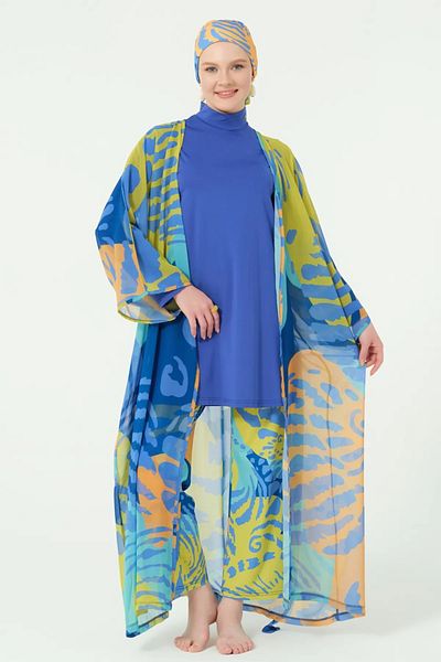 Bordomix 7166 Women's Blue Patterned Belted Long Pareo - Beach Dress