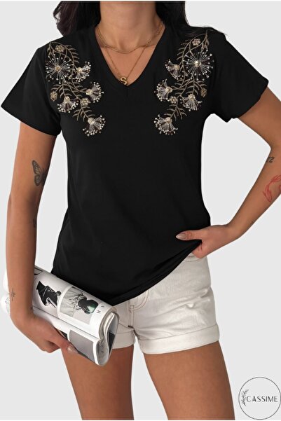 Cassime Tricou negru, 100% bumbac, cu paiete brodate cu paiete, cu umăr, brod...