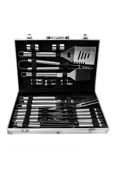 MACVI Set accesorii gratar Macvi® 25 piese, otel inoxidabil premium, geanta transport aluminiu 43x27x8cm