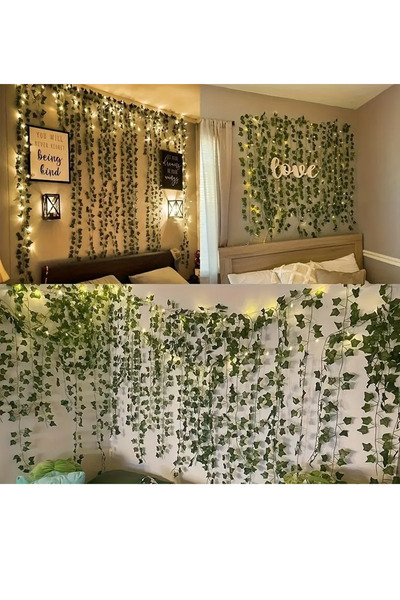 Gazanya Dekoratif Yeşil Yapraklı Yapay Ledli Sarmaşık 230 Cm 3 Mt Gün Işığı Pilli Peri Led 1 Adet