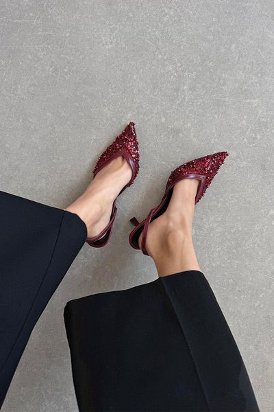 STRASWANS Harmony Women's Sequin Detail Heeled Shoes Claret Red