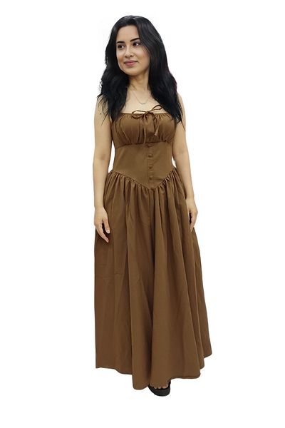 BUSEM Thick Strap Square Neck Front Button Detailed Long Slim Fit Linen Princess Dress