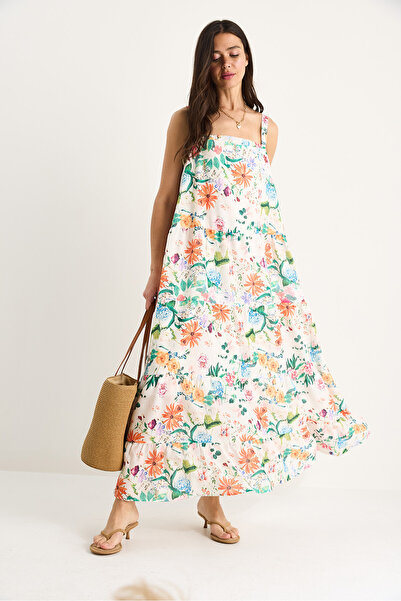 Bianco Lucci Women Floral Pattern Square Collar Strap Lining Long Linen Dress 3048 60283376