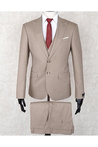 Jan Carlucci Slim Fit Sivri Yaka-çift Yırtmaç Bej Rengi Drop 6 Yelekli Takım ...