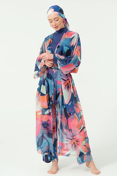 Bordomix 7163 Women's Blue Floral Patterned Long Pareo - Beach Dress