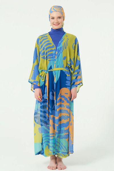 Bordomix 7166 Women's Blue Patterned Belted Long Pareo - Beach Dress