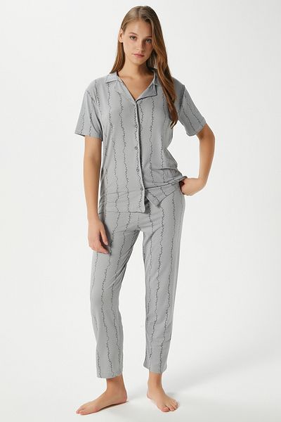 Ritnice Women's Spring Soft Texture Gray Spring Branch Front Button Short Sleeve Pajama Set