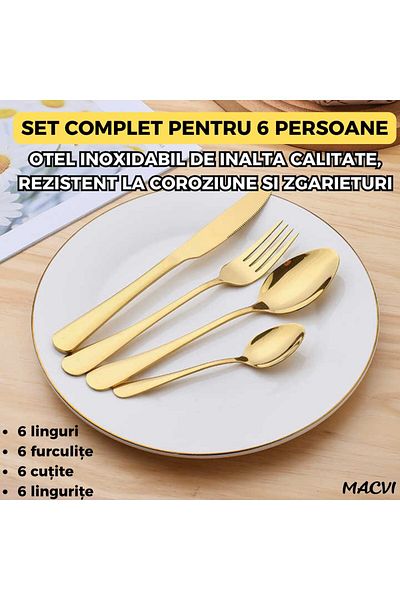 MACVI Macvi® 24-piece modern cutlery set, elegant design, stainless steel, shiny gold finish