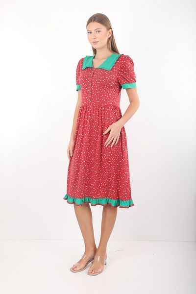 Wild Love Floral Patterned Red Dress with Green Piping and Ruffle Detail