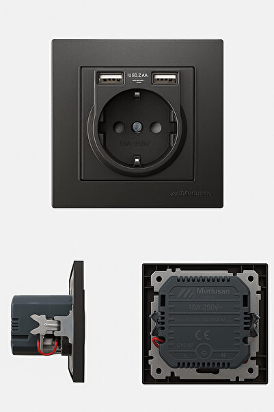 ga gözde aydınlatma Mutlusan Çift USB'li Füme Topraklı Priz | 2.4A Hızlı Şarj | Çocuk Korumalı | 16A | 250V Priz