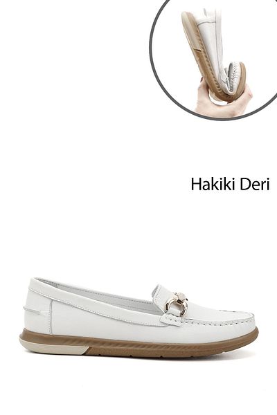 GÖNDERİ(R) Women / Girls White Buckle Rok Genuine Leather Comfort Loafer