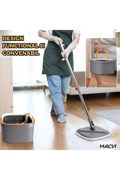 MACVI Mop Rotativ Macvi® cu Galeata, 2 lavete microfibra, Rotatie 360°, Stoarcere Automata, Gri Inchis