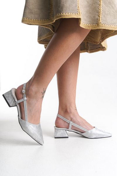 leopar by çetinay Silver Special Glitter Fabric Wave Pattern Pointed Toe Slingback Heels Daily Stiletto/Shoes
