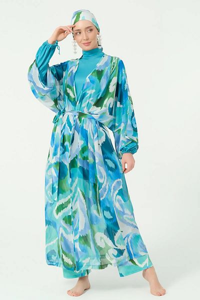 Bordomix 7114 Women's Ocean Blue Print Long Pareo with Belt - Beach Dress