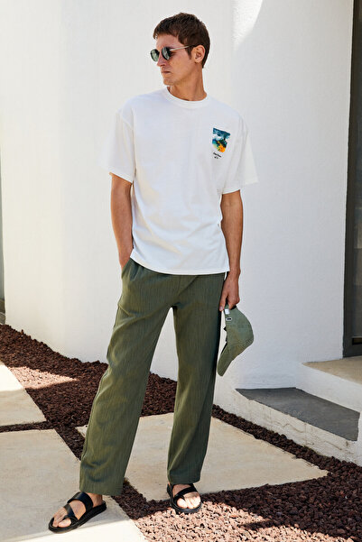 GRIMELANGE EDVIN Чоловічі штани з еластичним поясом, кишенями з боків, суміш льону, вільний крій, хакі